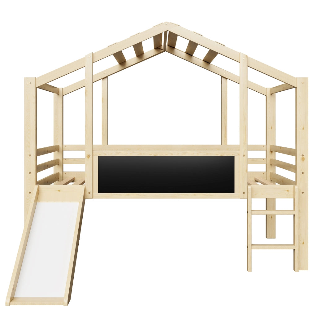 Letto a soppalco per bambini 90×200 cm con scala; scivolo e lavagna; senza materasso; legno massello; naturale