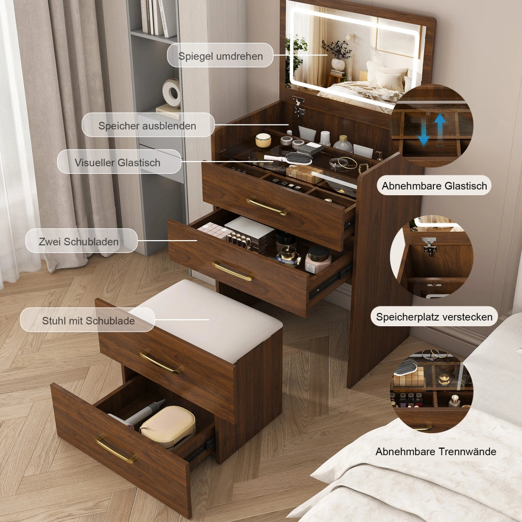 TOELETTIERA 3 in 1 60x118x40 cm Noce in MDF con specchio ribaltabile e sgabello