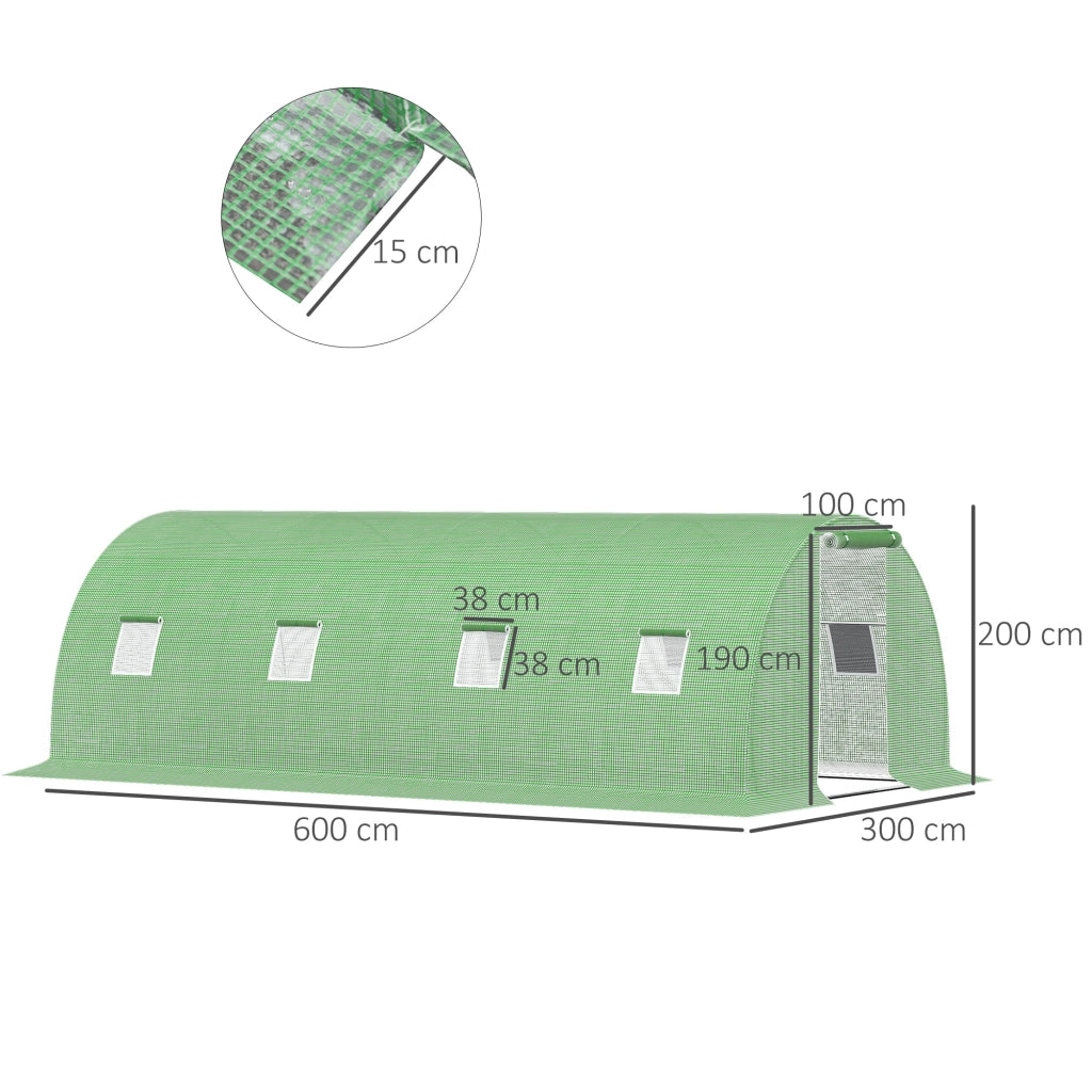 Serra a tunnel in polietilene, 6 x 3 m, con 8 finestre, protezione antigelo, struttura in tubi d'acciaio, colore verde scuro.