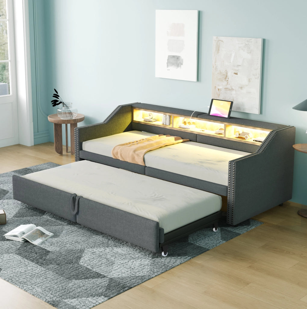 Divano letto imbottito estraibile 90/180 x 200 cm in tessuto grigio scuro con USB e LED