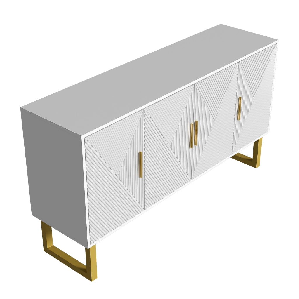 OKWISH Madia con 4 Ante e Ripiani Regolabili, Frontali Lucidi con Texture, per Soggiorno, MDF, Bianco, 150 x 40 x 82 cm