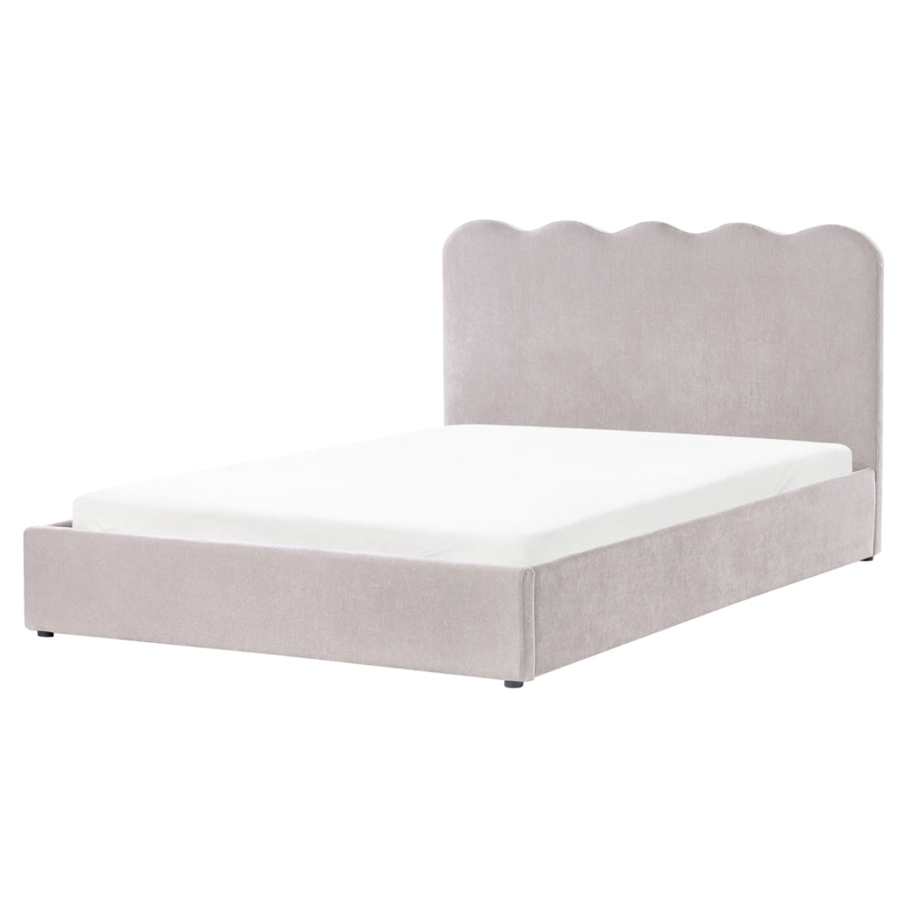 Letto in tessuto di ciniglia imbottito color tortora 160 x 200 cm contenitore elevabile con testiera e rete a doghe