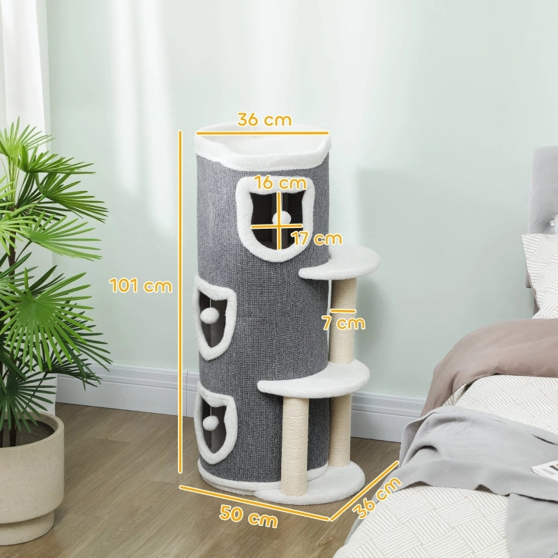 Torre per gatti da 101 cm, 3 livelli, 3 cucce per dormire, palline da gioco, tiragraffi, sisal, truciolato, grigio