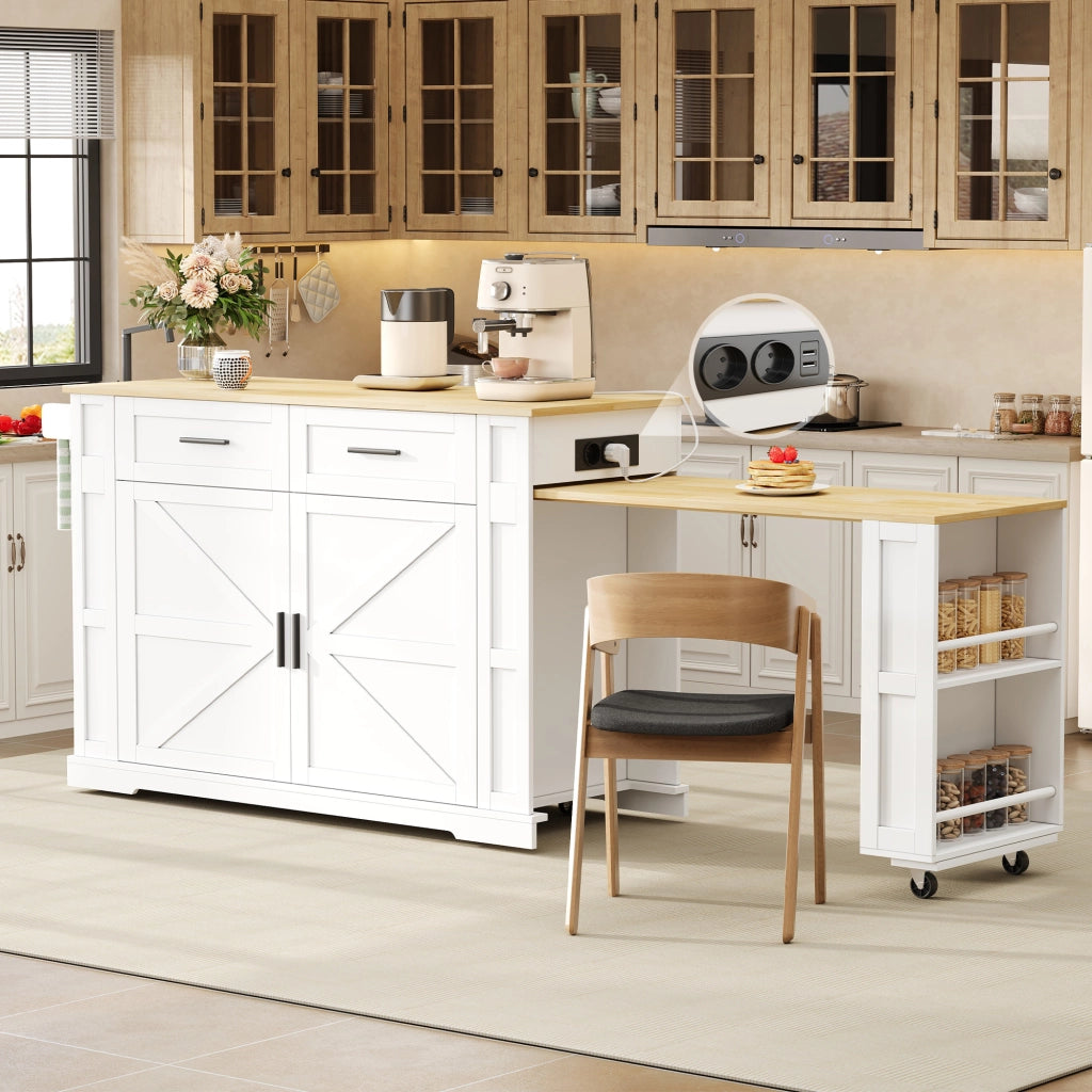 Carrello da cucina con 2 cassetti; doppia anta; ripiano regolabile; prese e porta asciugamani; in MDF; bianco e rovere