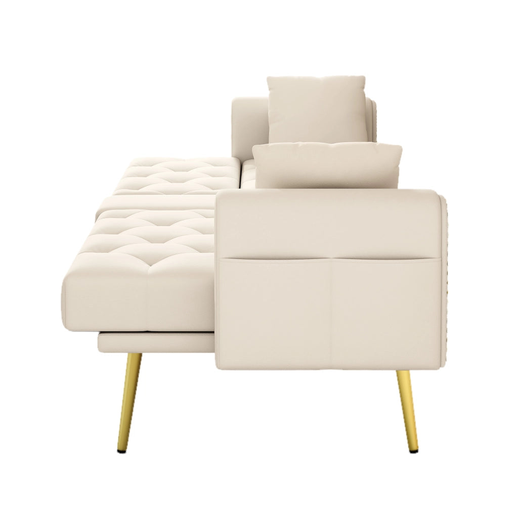 Divano letto multifunzionale in velluto beige 2 posti con schienale regolabile e portabicchieri