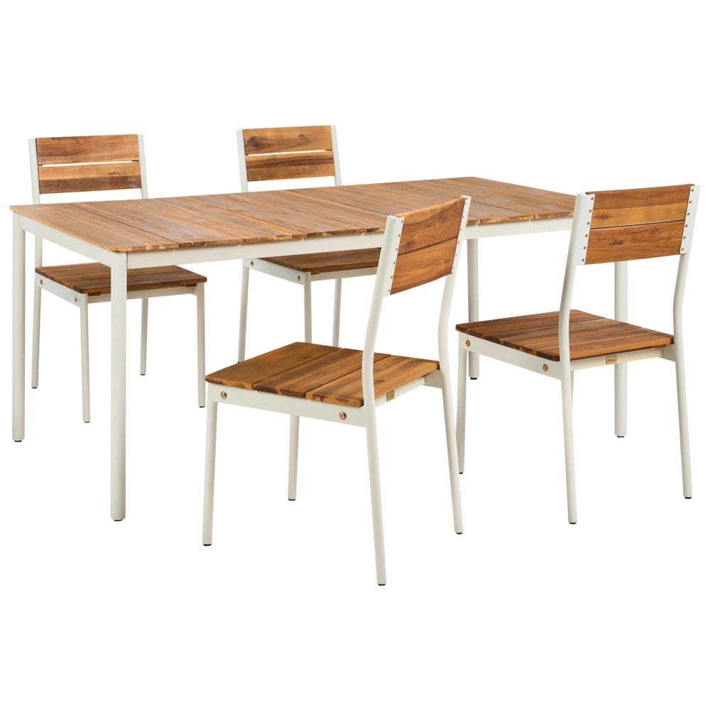 Set da pranzo da giardino con tavolo e 4 sedie in legno di acacia marrone con struttura in acciaio e compensato, 6 posti, moderno