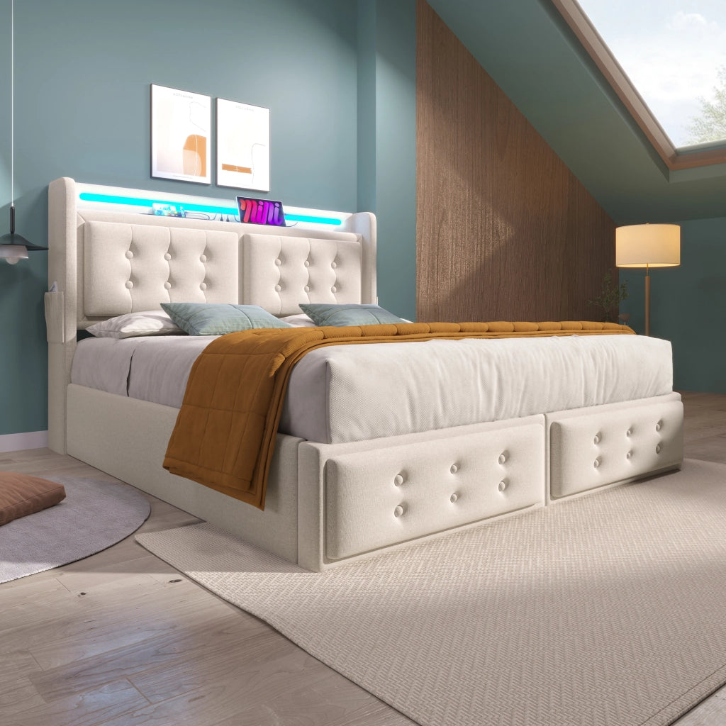 LETTO Contenitore 160x200 cm Beige in Cotone e Metallo con LED e prese USB