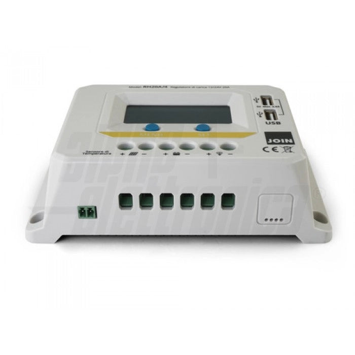 Regolatore di carica PWM 12/24V 20A con display, uscita USB 5V e crepuscolare configurabile