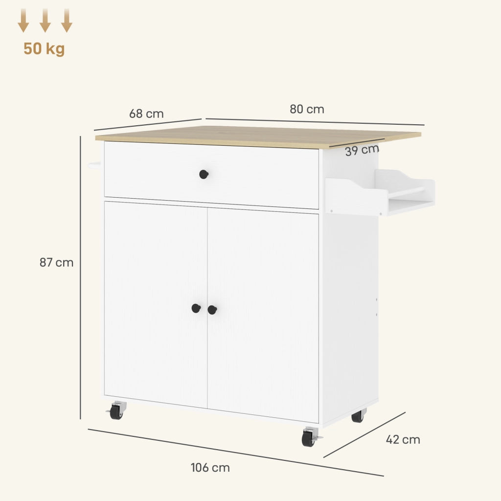 Tavolino da cucina con ruote ¨C zephmum ¨C con cassetto, ripiano regolabile, porta spezie e porta asciugamani