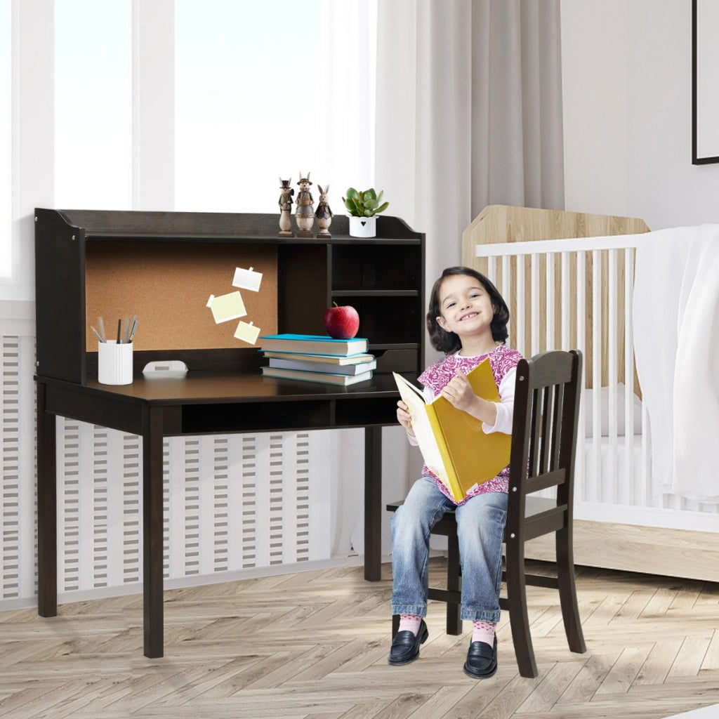 Scrivania per bambini con sedia mensola bacheca in sughero da letto, Set scrivania e sedia per bambini postazione di lavoro Marrone-Tavoli e sedie