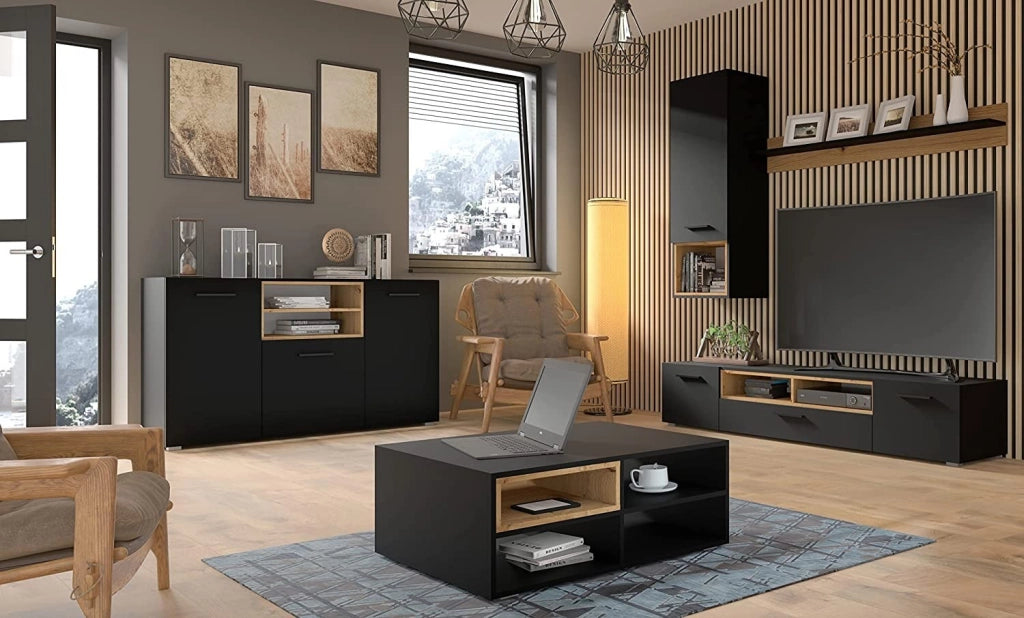 MOBILE SCAFFALE LIBRERIA SOSPESO SOGGIORNO ANETTE 151x20x20cm NERO OPACO ROVERE