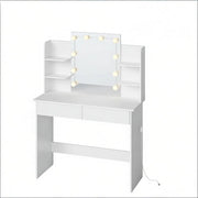 Toeletta con specchio LED; 4 ripiani; 2 cassetti e piano contenitore per camera da letto; 90×40×135 cm; bianca