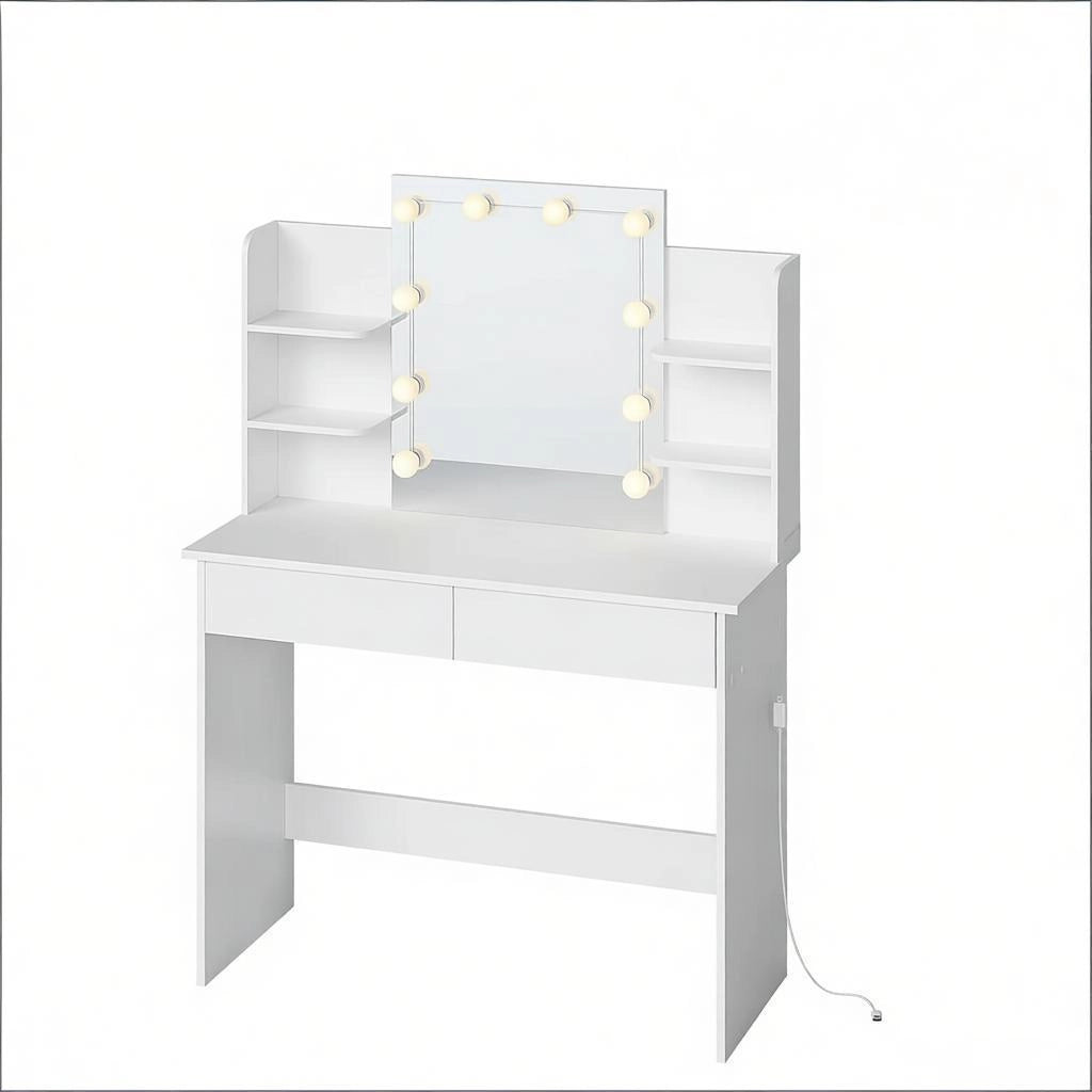 Toeletta con specchio LED; 4 ripiani; 2 cassetti e piano contenitore per camera da letto; 90×40×135 cm; bianca