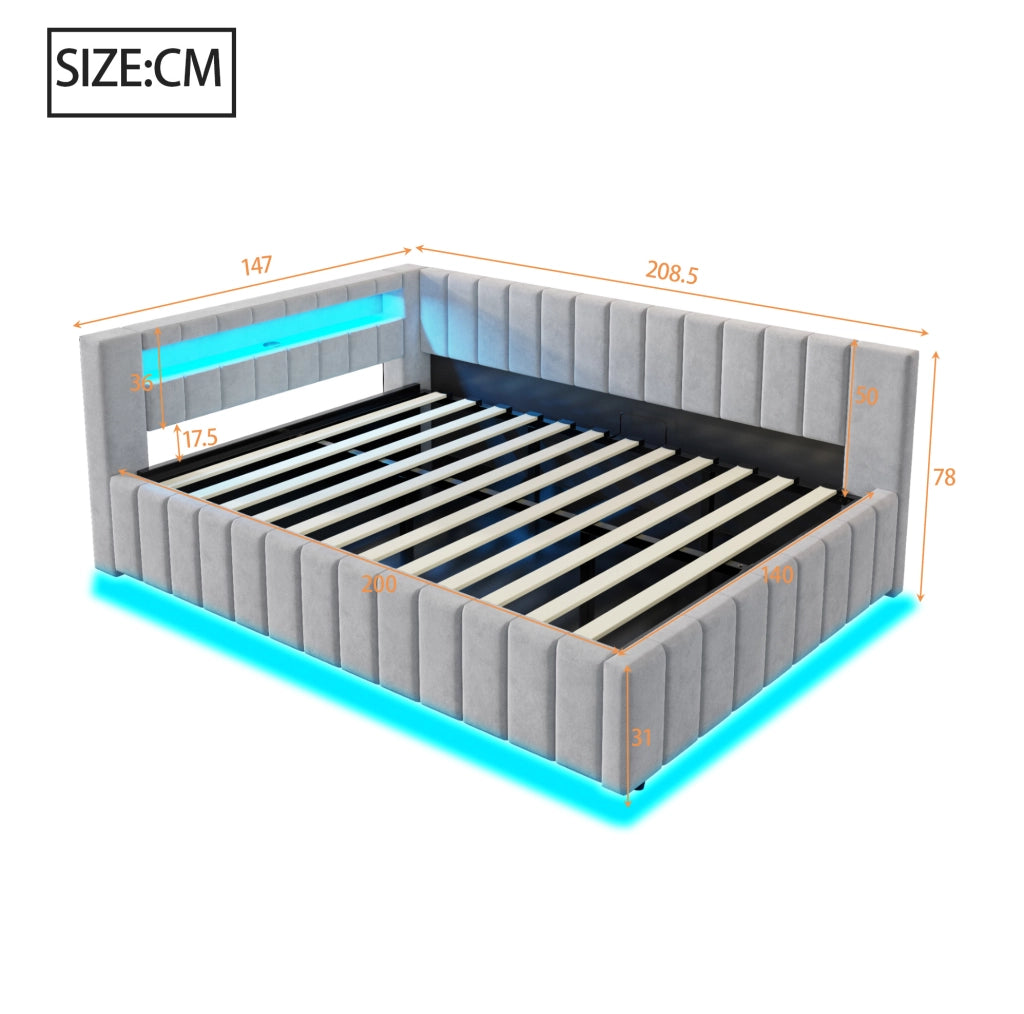 Letto imbottito 140x200 con contenitore idraulico, LED e USB grigio