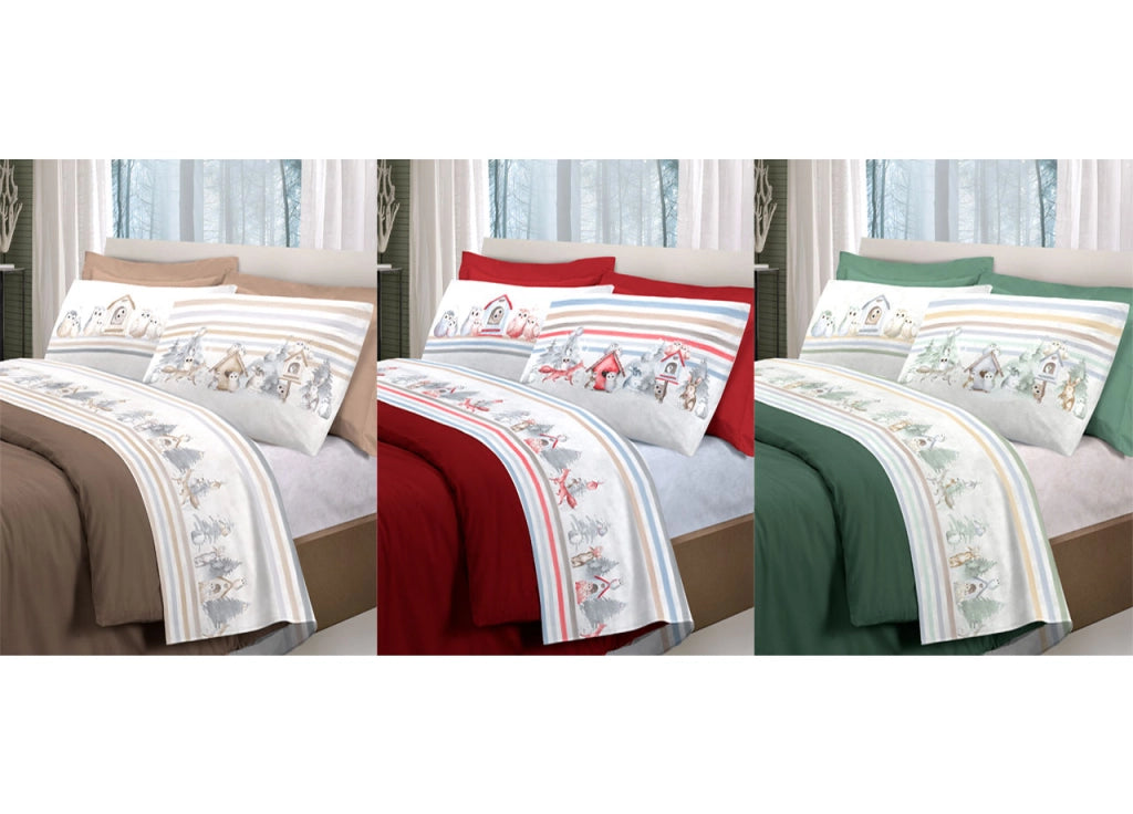 Completo Lenzuola Letto Pensieri Delicati 100% Cotone Disegno Gufi - Piazza E Mezza - Beige