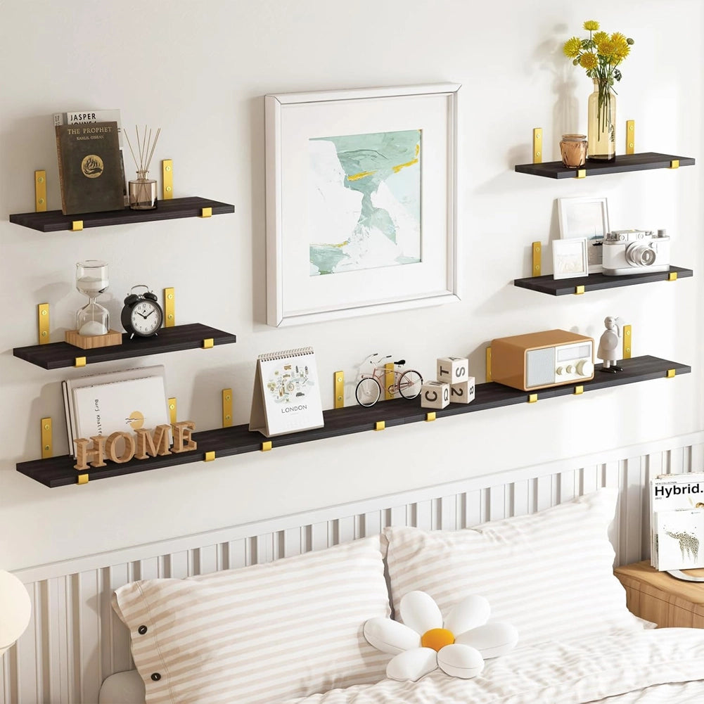 Set 8 Mensole da Parete 40x15x1,5 cm Staffe Oro Scaffalatura da Muro in Legno Nero