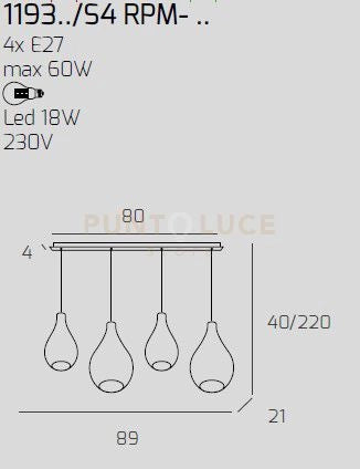 SOSP. OTTONE SAT. 4 LUCI RETTANGOLARE VETRI (2 PICCOLI (1XAM+1XBR)+2 MEDI (1XFU+1XTR)) 1193OS-S4 RPM-MC