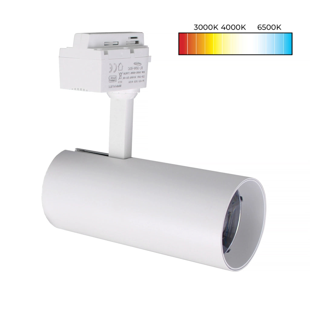FARETTO LED ORIENTABILE SU BINARIO MONOFASE IN ALLUMINIO BIANCO 30W - TRIPLA TEMPERATURA DI COLORE 3000K-4000K-65000K
