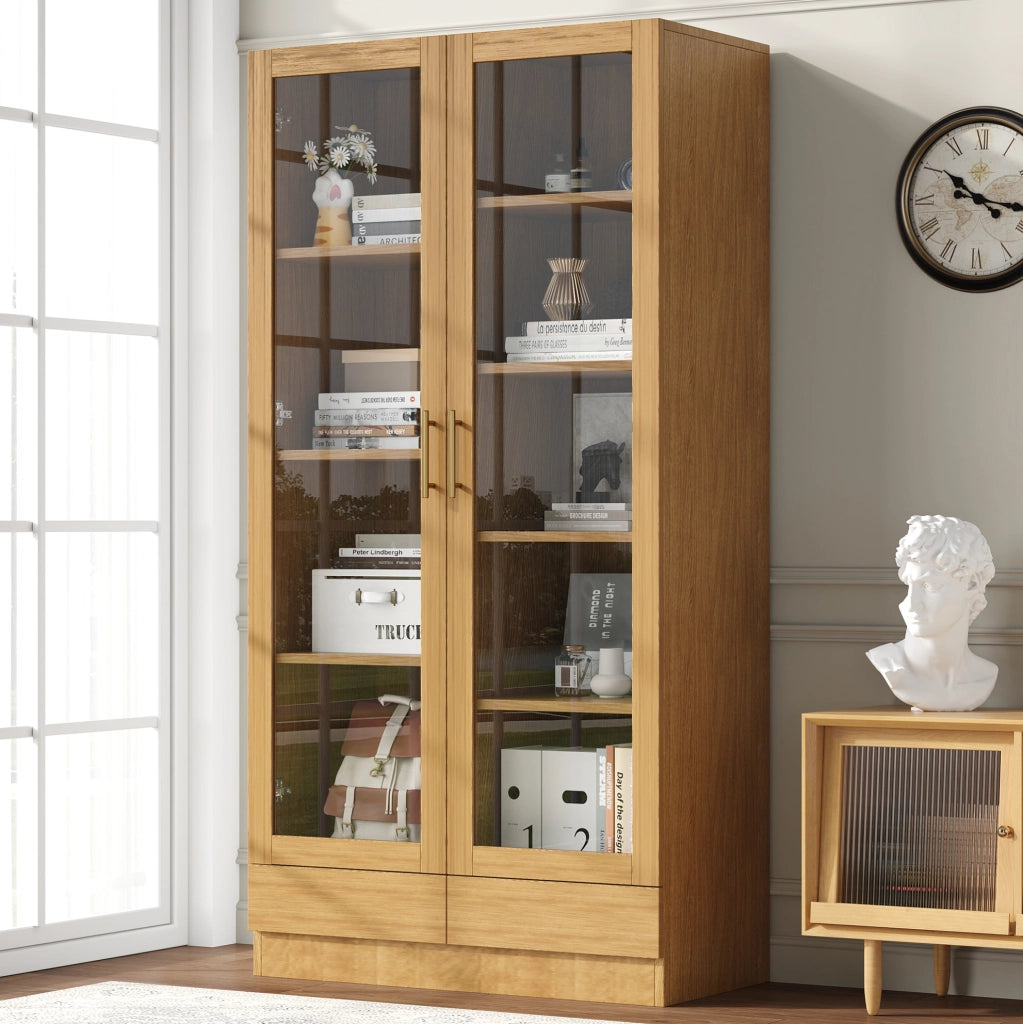 Vetrina 80x40x160 cm con ripiani sfalsati e cassetto push-to-open; naturale