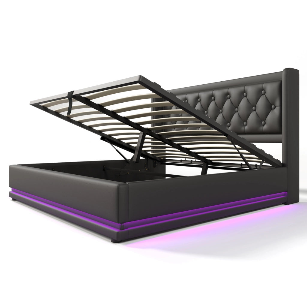 Letto contenitore 180x200 cm in PU nero con LED e porte USB/Type-C