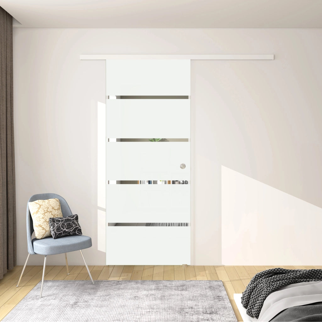 Porta Scorrevole Interna 82x215 cm in Vetro Temperato da 8 mm Opaco con Fasce Bianche Serigrafate Binario Alluminio Bianco
