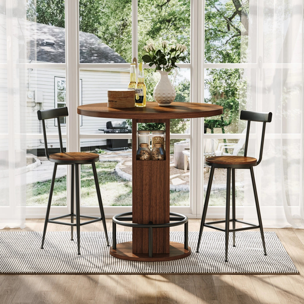 TAVOLO BAR ROTONDO 80 cm Noce Set 3 pezzi con 2 sgabelli