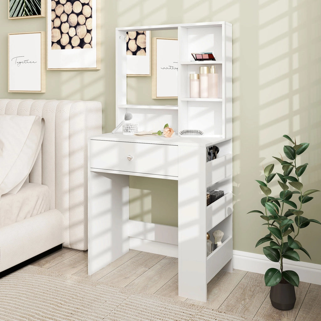 Scrivania trucco con specchio, cassetto e ripiani laterali ¨C zephmum ¨C bianco