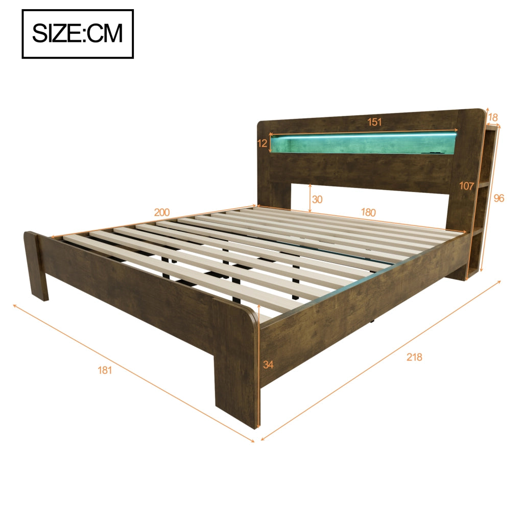 DESMIU Letto matrimoniale 180 × 200 cm con vano portaoggetti, LED e prese integrate, senza materasso, legno vintage
