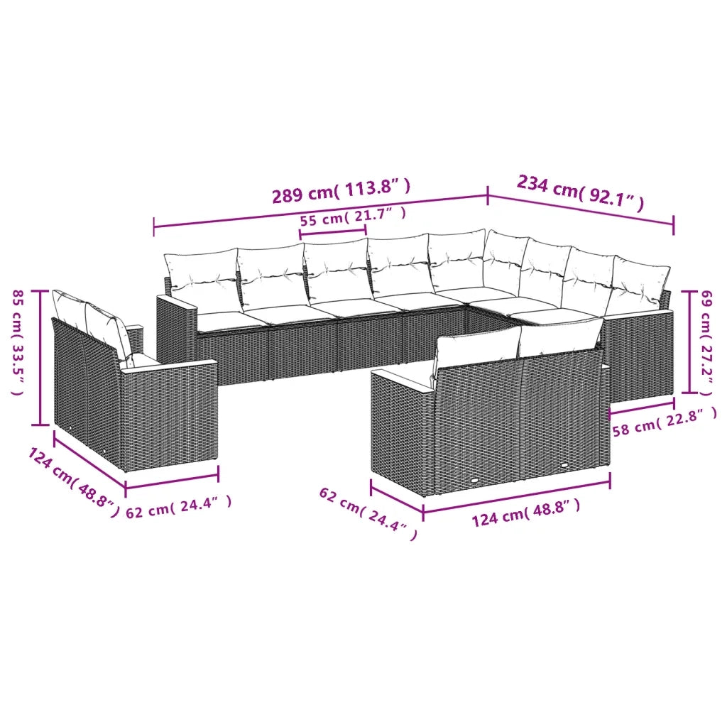 Set Divano da Giardino 12 pz con Cuscini Beige Misto Polyrattan