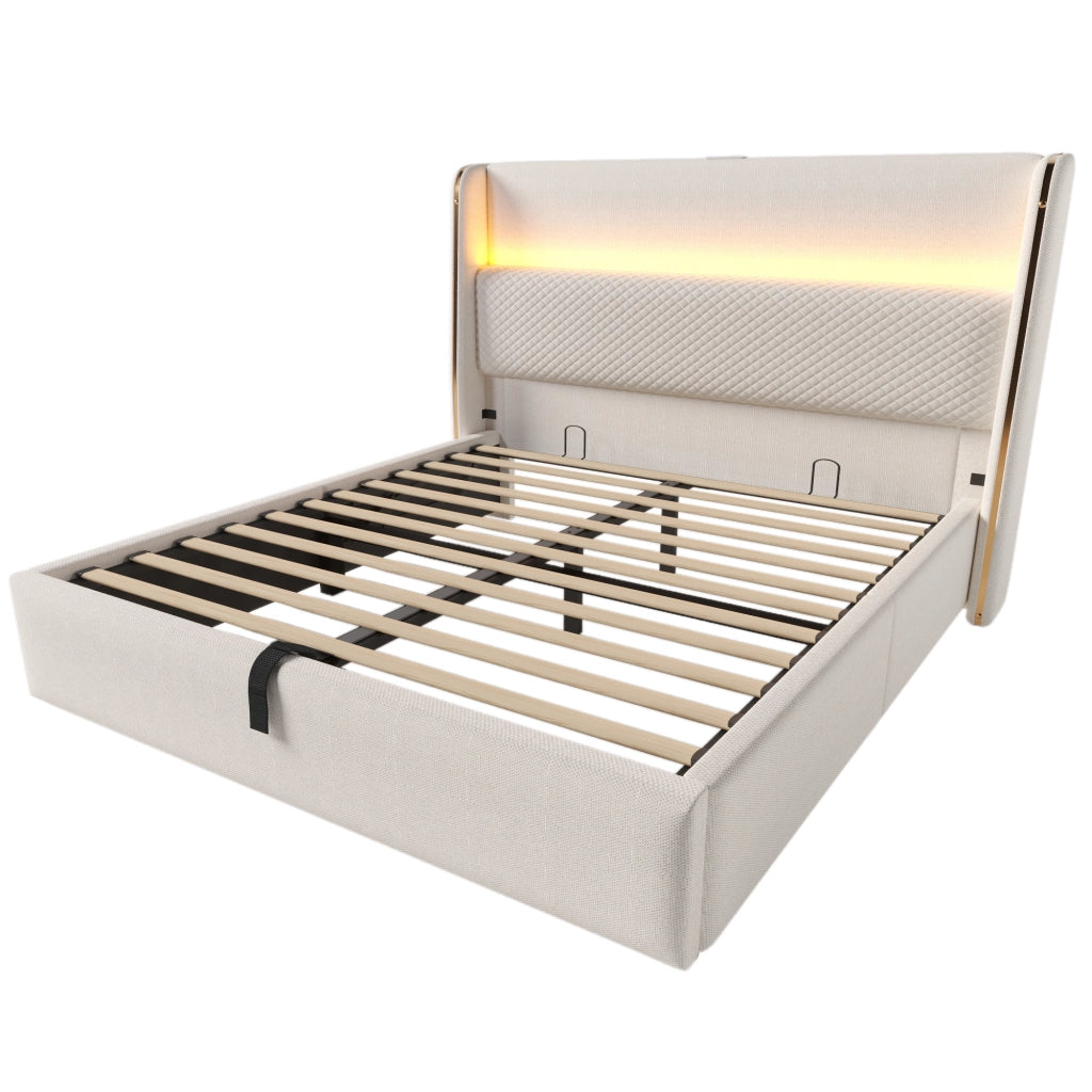 Letto Contenitore 140x200 cm; LED; USB e Type-C in Lino Beige