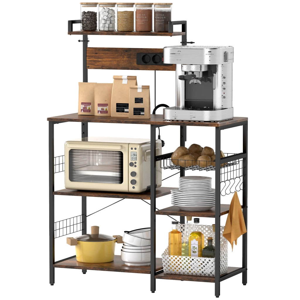 Scaffale da cucina con 2 prese, 5 ganci, 5 ripiani, cestino ¨C Xylo ¨C metallo nero 90x42x130cm