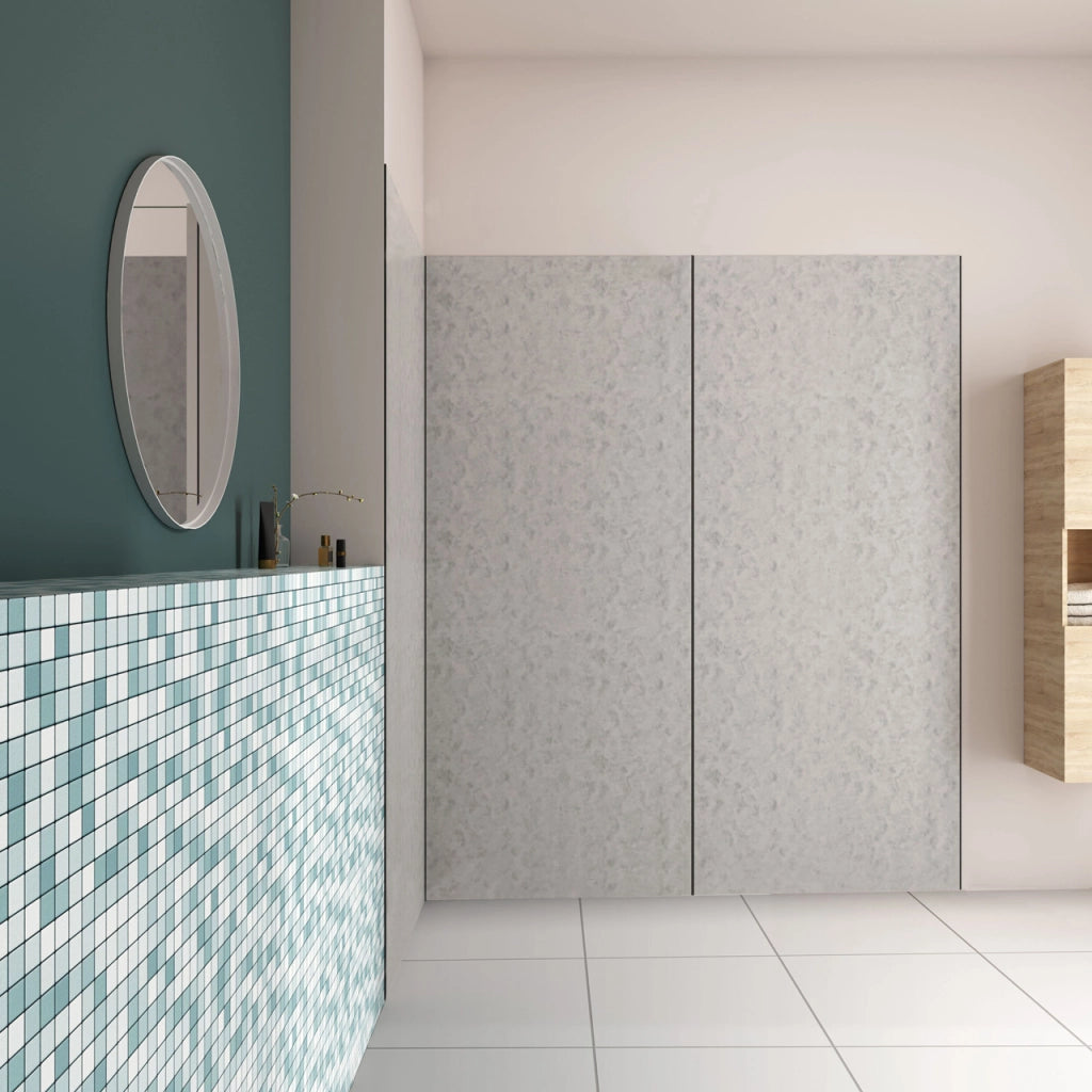 H.210 cm Pannello Doccia ad Angolo 90x90x90 cm Realizzato in Alluminio da 3 mm con Profili Finitura Grigio Cemento per Rivestimento Parete Bagno