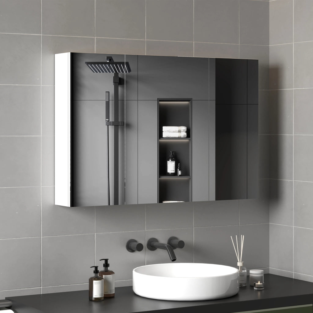 Armadietto Pensile Bagno 3 Ante Specchio Legno ¨C zephmum ¨C Bianco 90x13.5x60