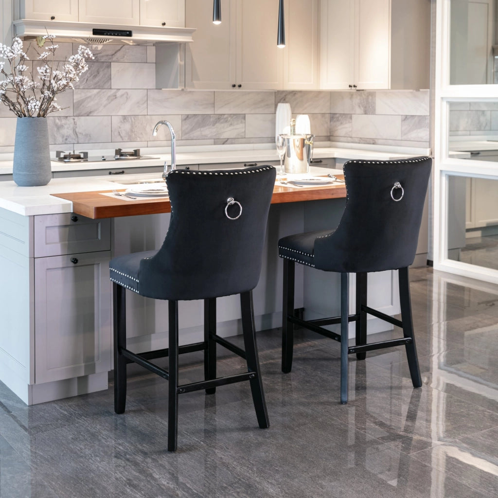 Sgabelli da Bar in Velluto con Gambe in Legno e Bottoni ¨C MINIMAL ¨C Set 2, Nero