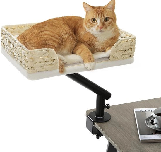 Letto per gatti per scrivania, lettino per gatti, lettino per scrivania per gatti di canne intrecciate, rotante 360°, lettino per gatti con supporto, tappeto per gatti per prevenire graffi, lettino per gatti, supporta fino a 22,5 kg