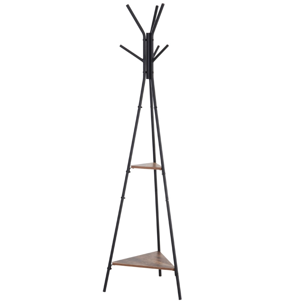 EasyComfort Appendiabiti da Terra con 2 Ripiani e 6 Ganci, Attaccapanni ad Albero in Stile Industriale, 46x52x182 cm, Nero e Marrone