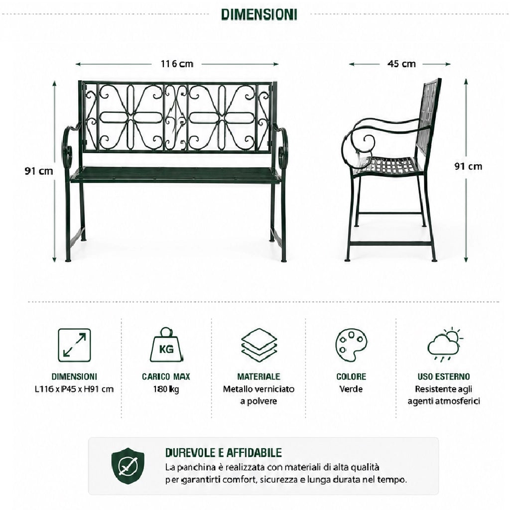 Panchina da Giardino 2/3 Posti in Metallo Verniciato Verde con Schienale Decorato
