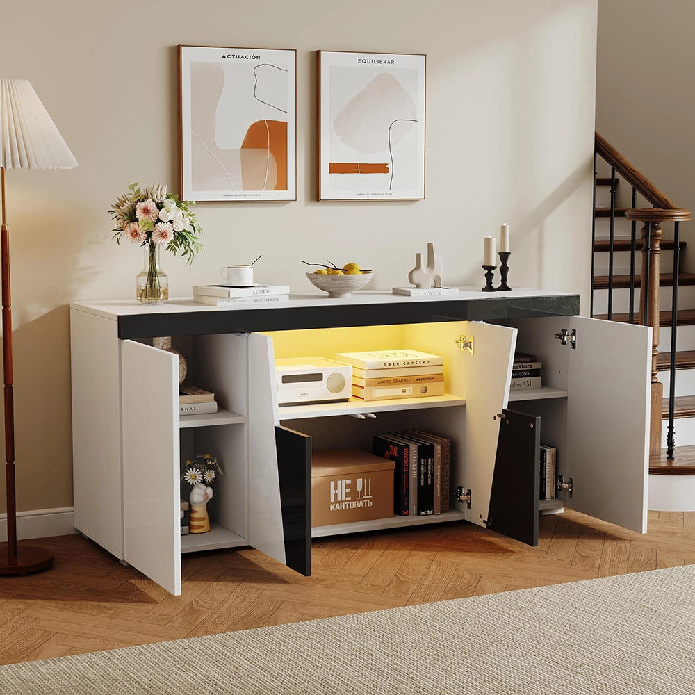 Credenza Angolare 140x40x65cm - Xylo - 3 Ante con Luci LED, Colore Bianco e Nero