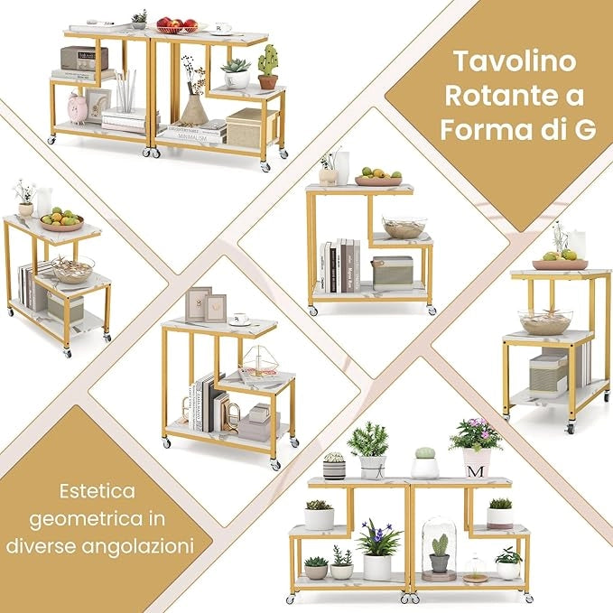 Tavolino a 3 Livelli, Tavolino Laterale a Forma di G con Ruote Bloccabili e Mensole Aperte, Tavolino Moderno da Salotto, Camera da Letto e Studio