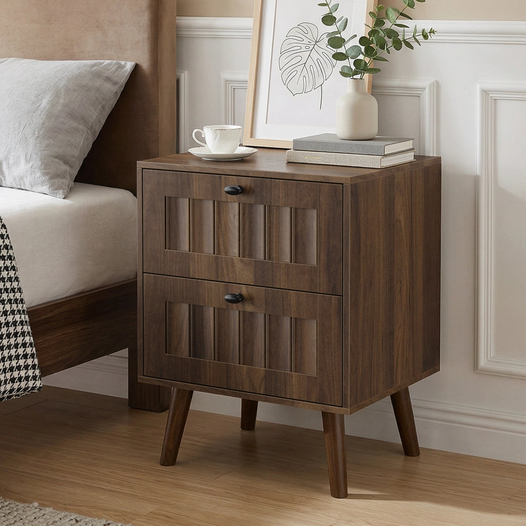 Comodino con 2 cassetti e guide silenziose, design retro con pannelli scanalati, per camera da letto, noce