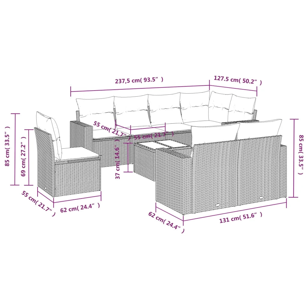 Set Divano da Giardino 9pz con Cuscini Grigio Chiaro Polyrattan