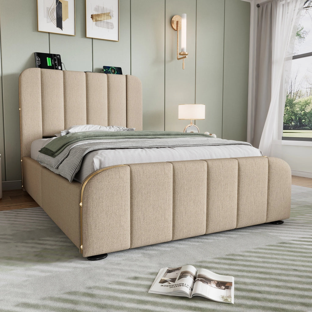 letto imbottito lino beige 90 x 200 cm