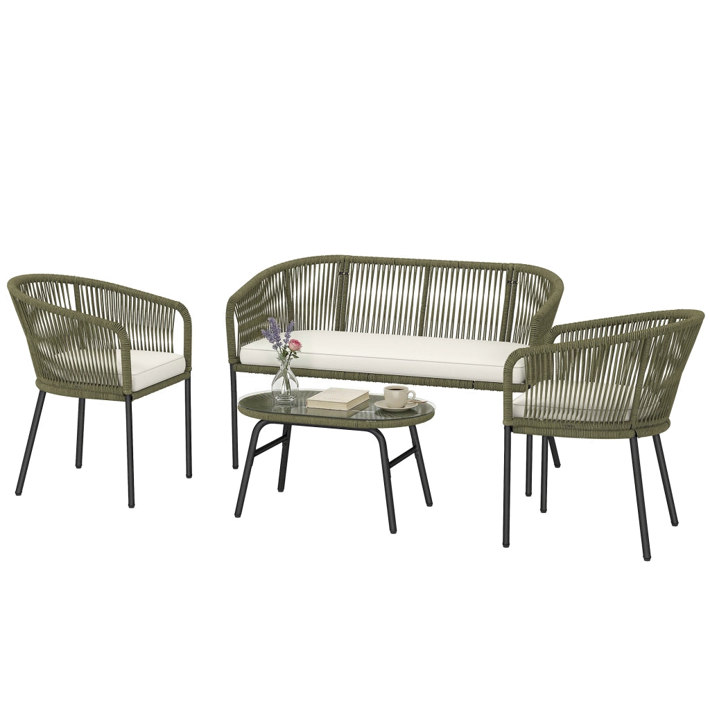 Set Divano Esterno 4 Posti con 2 Poltrone e Tavolino in Vetro Temperato ¨C Minimal ¨C Tessuto Tress¨¦ Colore Crema