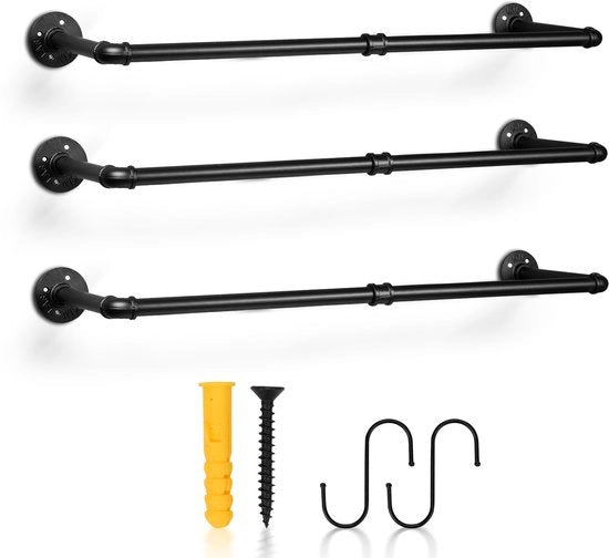 Supporto per abbigliamento 90 cm - Stendardo per abbigliamento - Barra metallica - Montaggio a parete sostenibile fino a 65 kg - 3 pezzi