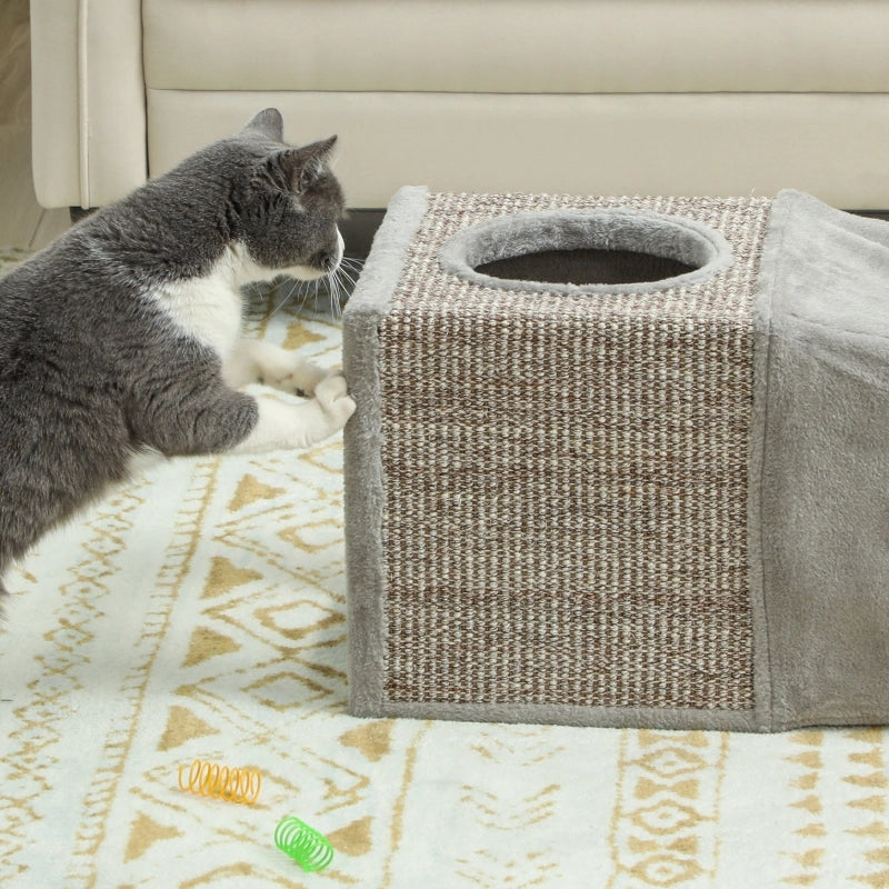 Tunnel per gatti, giocattolo per gatti con pallina, cuccia per gatti, tunnel gioco pieghevole in sisal, design combinato, marrone+grigio, 98 x 30 x