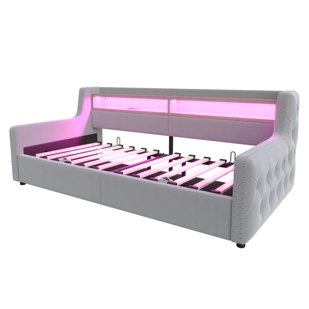 Letto singolo 90×200 cm con contenitore; LED; ripiano; USB e Type-C; senza materasso; velluto; grigio chiaro