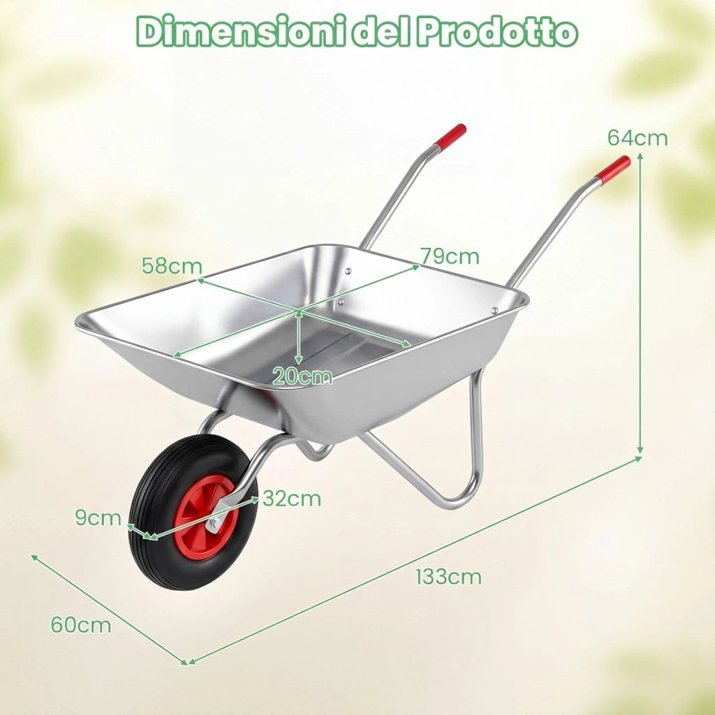 Carriola da Giardino, Carriola a Ruota Singola con 2 Manici Ergonomici e Ruota in Gomma, Capacità 62,5L 136 kg, Acciaio Zincato, per Giardinaggio, Costruzioni e Trasporto, 133 x 60 x 64 cm