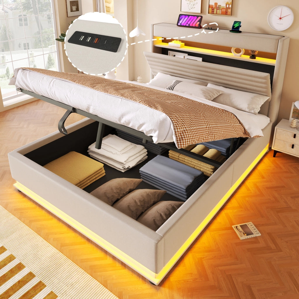 LETTO Contenitore 140x200 cm in lino Beige con LED e USB-C