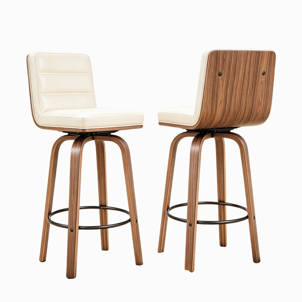 Sgabello da Bar Girevole con Schienale Ergonomico e Poggiapiedi Struttura in Metallo e Legno Crema