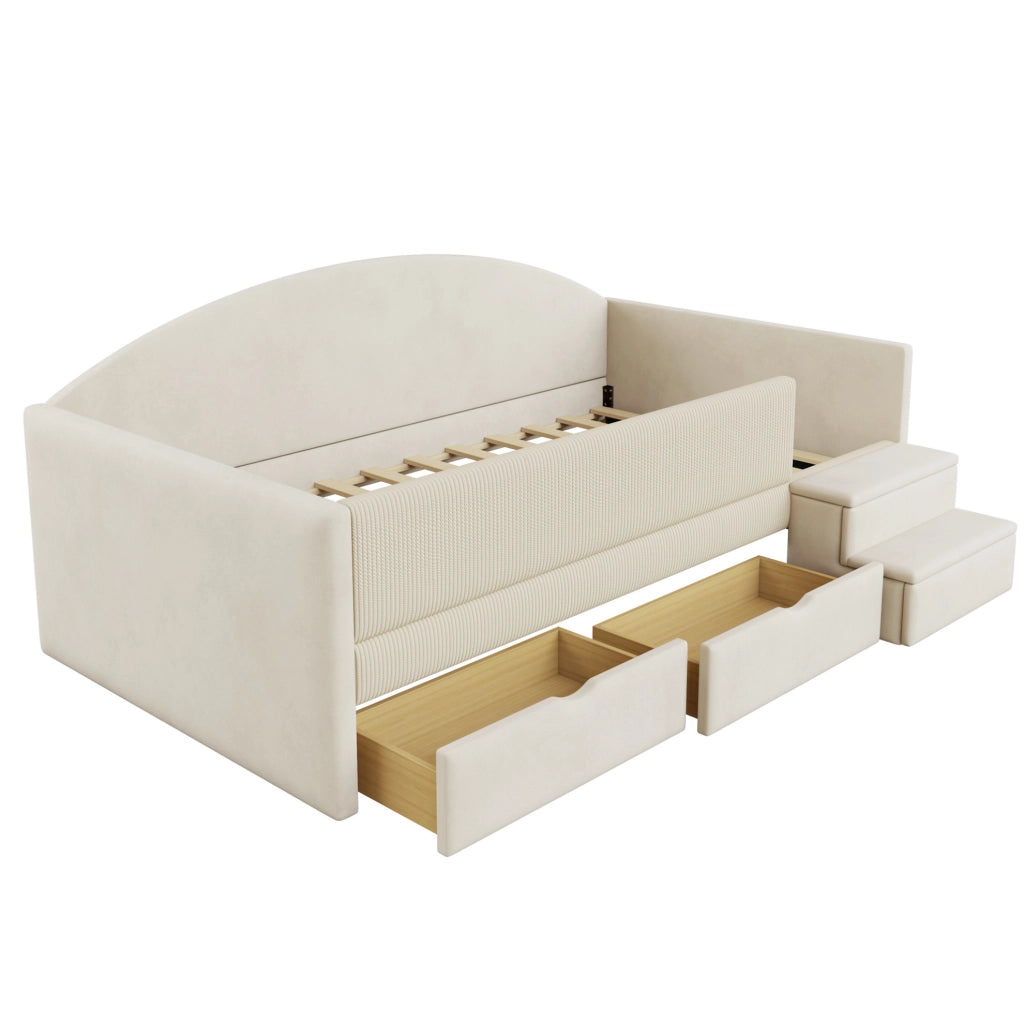 Letto imbottito 90x190 cm con cassetti e gradini in velluto beige